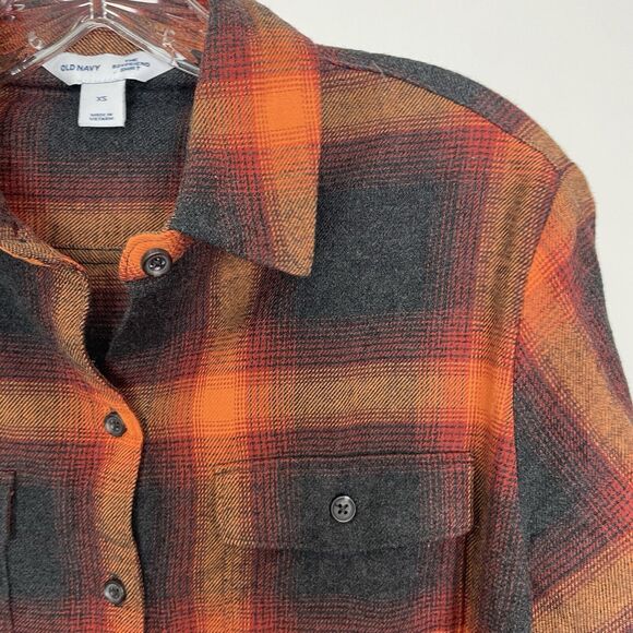 Old Navy Taylor Swift Evermore Boyfriend Shirt XS *Cropped* Orange Black Plaid O - Picture 4 of 11